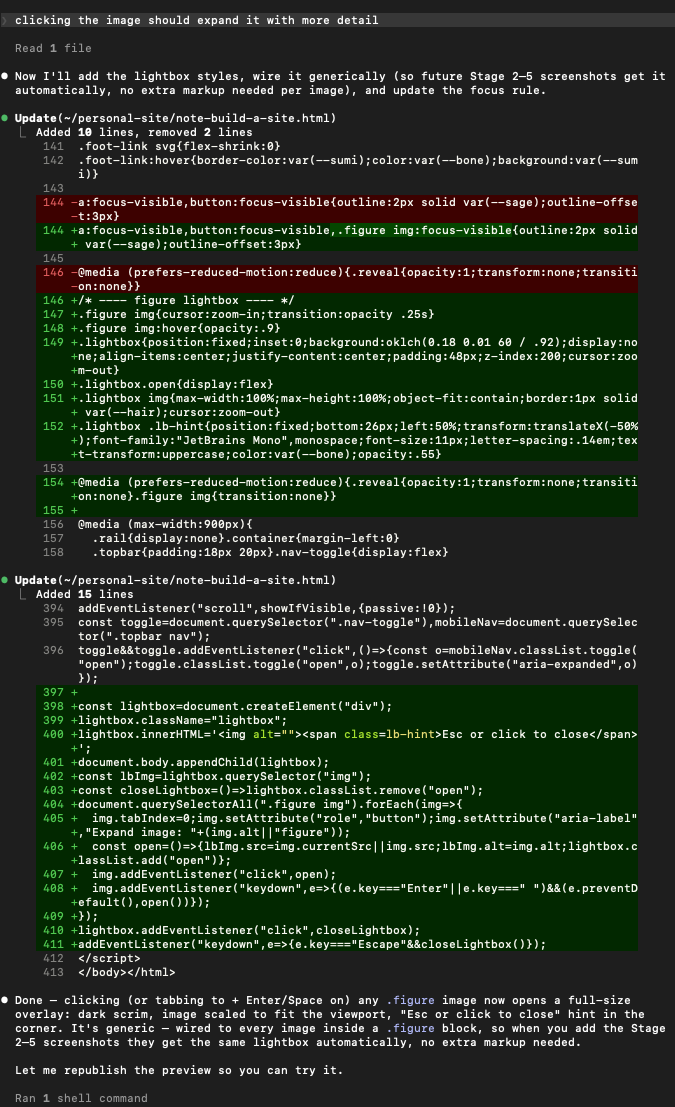 A Claude Code session mid-review: a git diff on note-build-a-site.html showing the added CSS and JavaScript for a figure-image lightbox — new rules for .lightbox, .lightbox-frame, and .lb-close, plus the event listeners that open and close it — with the assistant summarizing what changed before asking to republish the preview.