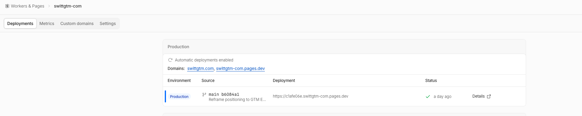 Cloudflare Pages deployments tab for swittgtm-com: Production environment, automatic deployments enabled, domains swittgtm.com and swittgtm-com.pages.dev, and the latest deployment from main tagged with its commit message and a green success status.
