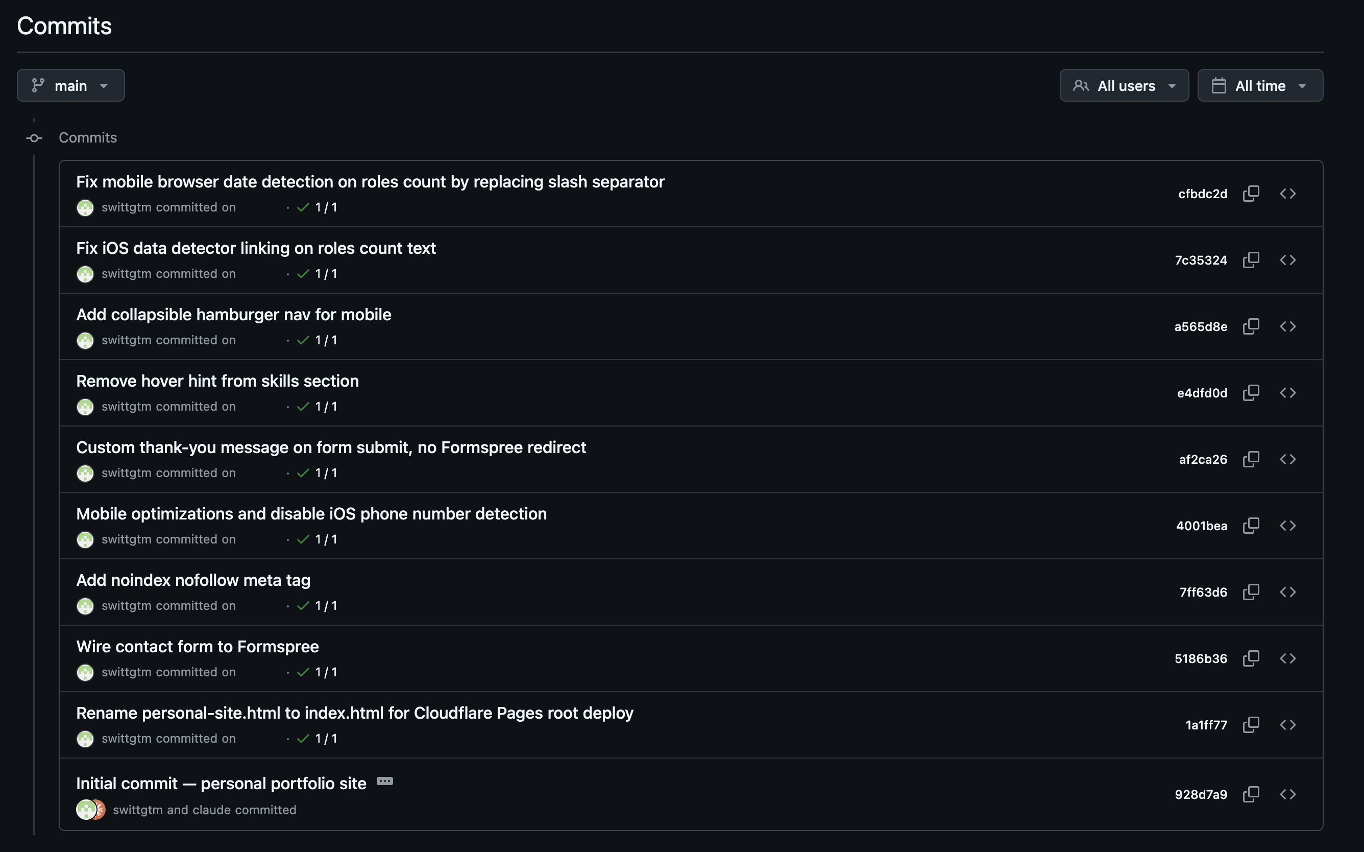 GitHub commit history for the swittgtm.com repo on main: ten commits from the initial commit through renaming personal-site.html to index.html, wiring the contact form, adding the noindex tag, and later mobile fixes — each with a short imperative message and a short hash.